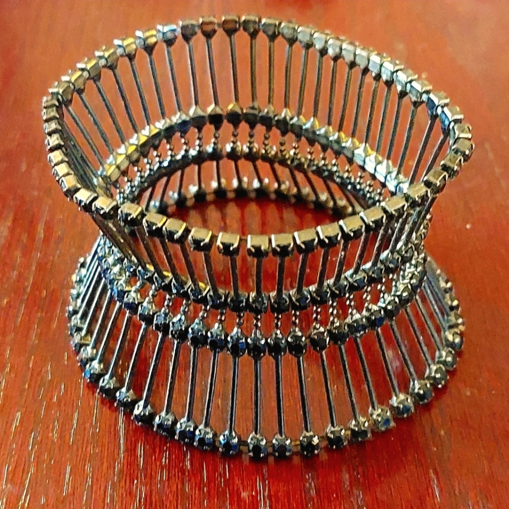 Vintage black crystal and metal stretch cuff bracelet